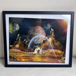 Vintage Fantasy Landscape Planets Sci-Fi Spray Paint Signed Framed Art  Painting